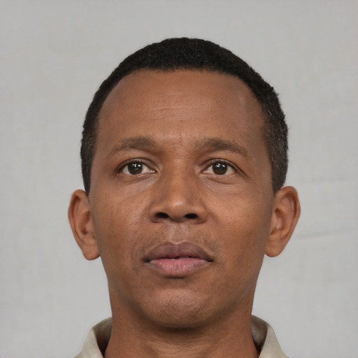 Neutral black adult male with short  black hair and brown eyes