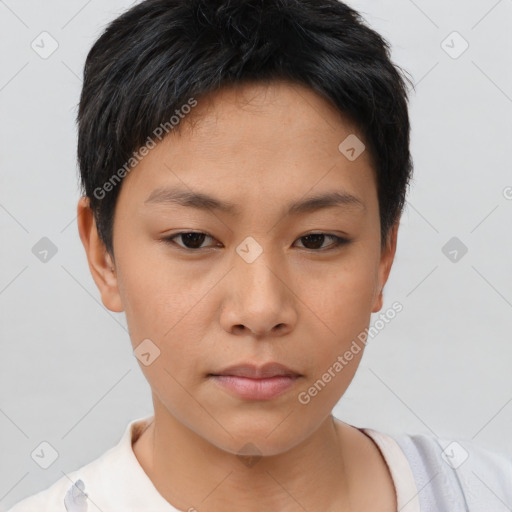 Neutral asian young-adult female with short  brown hair and brown eyes