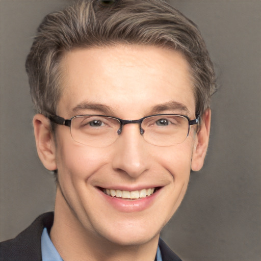 Joyful white adult male with short  brown hair and grey eyes