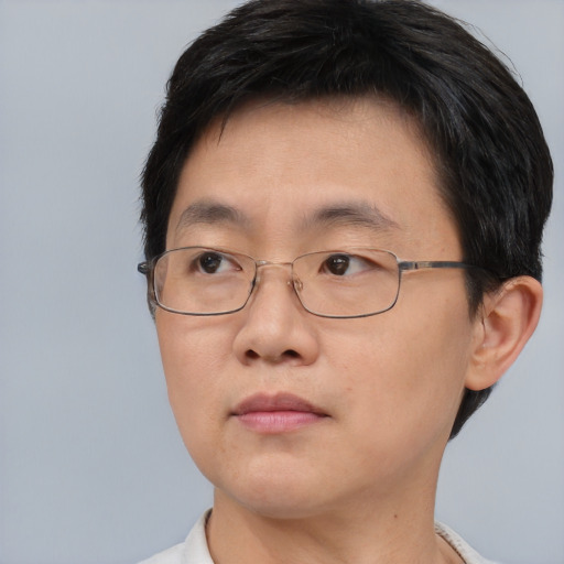 Neutral asian young-adult male with short  brown hair and brown eyes