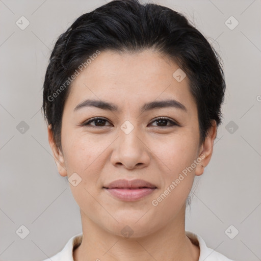 Joyful asian young-adult female with short  brown hair and brown eyes