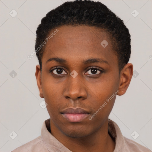 Neutral latino young-adult female with short  black hair and brown eyes