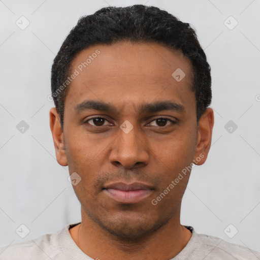 Neutral latino young-adult male with short  black hair and brown eyes