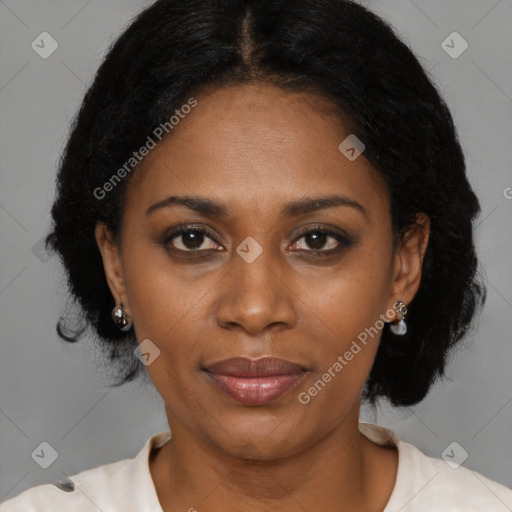 Joyful black adult female with medium  brown hair and brown eyes