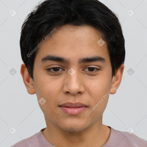 Neutral latino young-adult male with short  black hair and brown eyes