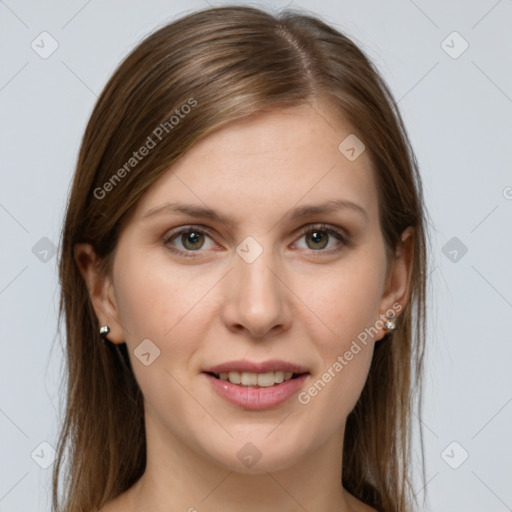 Joyful white young-adult female with long  brown hair and grey eyes