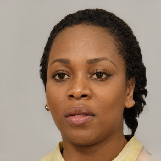 Neutral black young-adult female with short  black hair and brown eyes