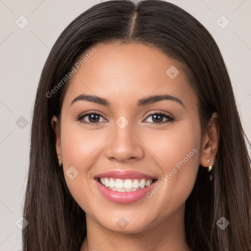 Joyful white young-adult female with long  brown hair and brown eyes