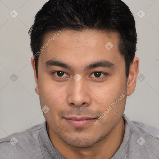 Neutral latino young-adult male with short  brown hair and brown eyes