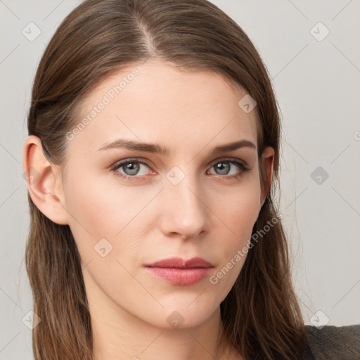 Neutral white young-adult female with long  brown hair and grey eyes