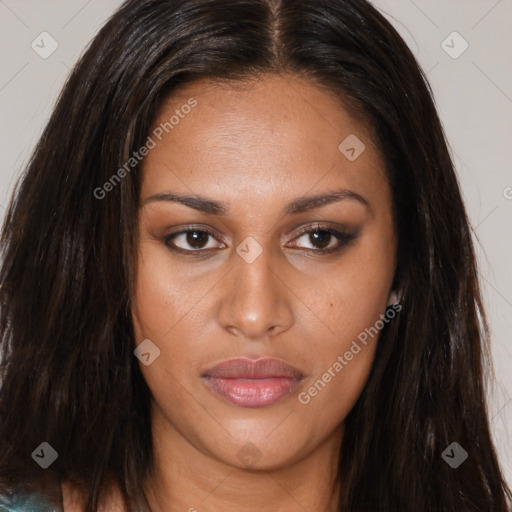 Joyful asian young-adult female with long  brown hair and brown eyes