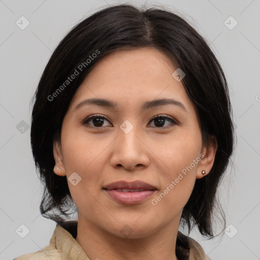 Joyful asian young-adult female with medium  brown hair and brown eyes