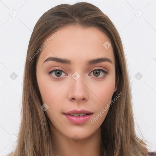 Neutral white young-adult female with long  brown hair and brown eyes