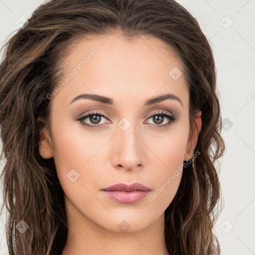 Neutral white young-adult female with long  brown hair and brown eyes