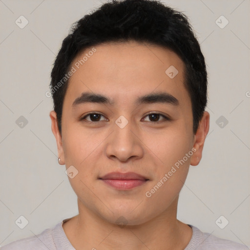 Joyful asian young-adult male with short  black hair and brown eyes