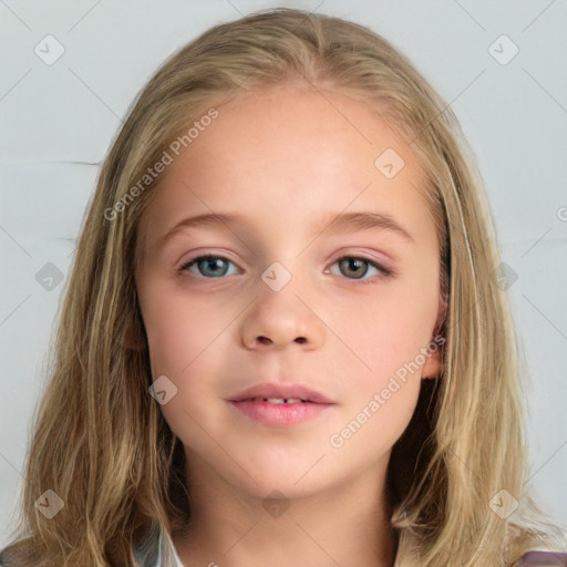 Neutral white child female with medium  brown hair and blue eyes