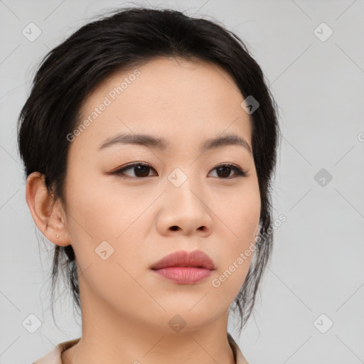 Neutral asian young-adult female with medium  brown hair and brown eyes