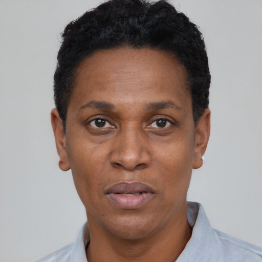 Neutral black adult female with short  black hair and brown eyes