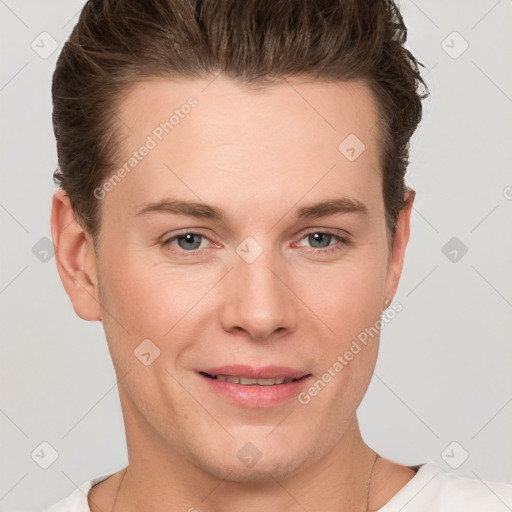 Joyful white young-adult female with short  brown hair and grey eyes