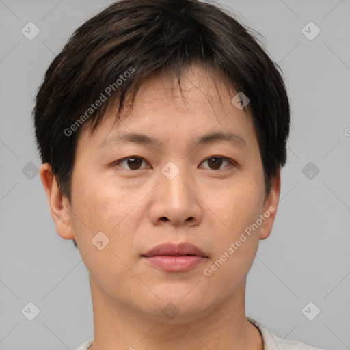 Neutral asian young-adult male with short  brown hair and brown eyes