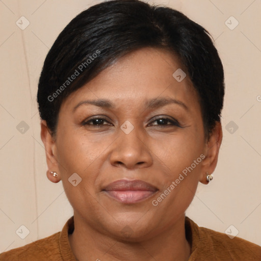 Joyful black adult female with short  brown hair and brown eyes