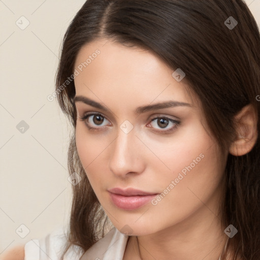 Neutral white young-adult female with long  brown hair and brown eyes