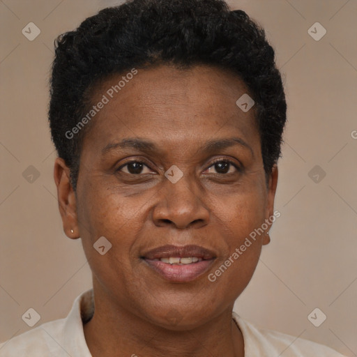 Joyful black adult female with short  brown hair and brown eyes