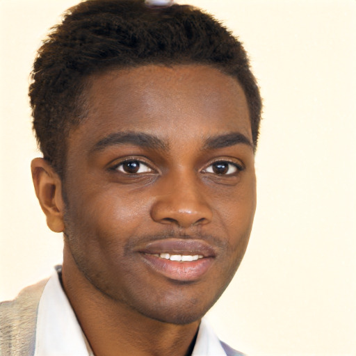 Joyful black young-adult male with short  brown hair and brown eyes