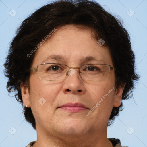 Joyful white middle-aged female with short  brown hair and brown eyes