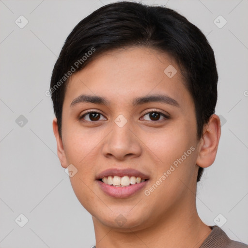 Joyful asian young-adult female with short  brown hair and brown eyes