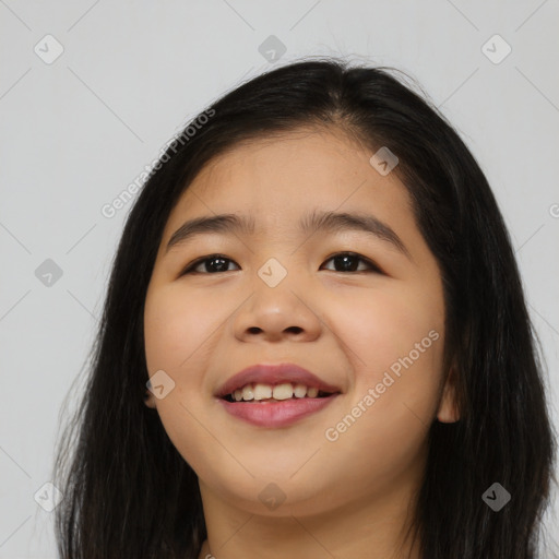 Joyful asian young-adult female with long  brown hair and brown eyes