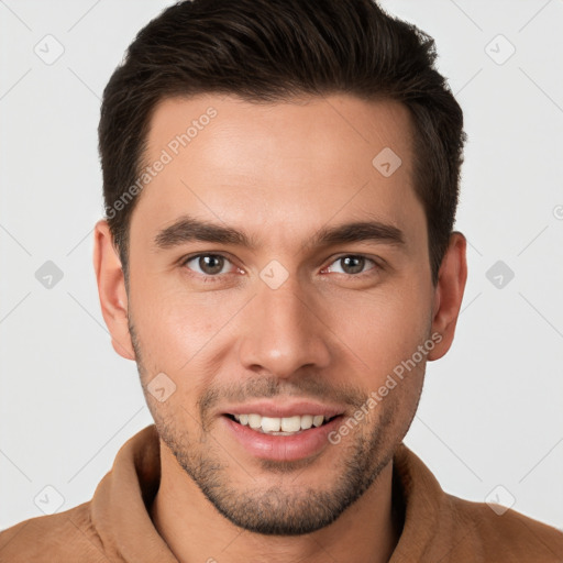 Joyful white young-adult male with short  brown hair and brown eyes