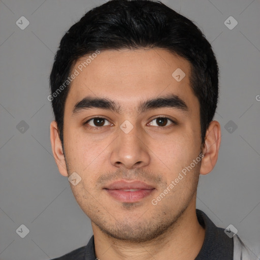 Neutral latino young-adult male with short  black hair and brown eyes