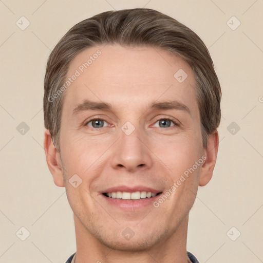 Joyful white adult male with short  brown hair and grey eyes