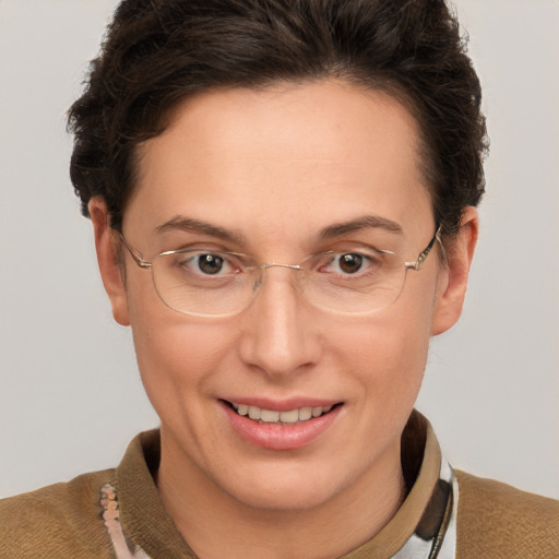 Joyful white adult female with short  brown hair and brown eyes