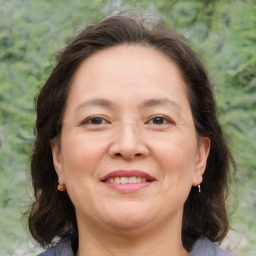 Joyful white adult female with medium  brown hair and brown eyes