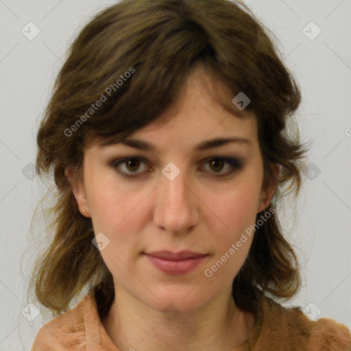 Neutral white young-adult female with medium  brown hair and blue eyes