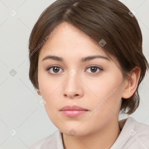 Neutral white young-adult female with medium  brown hair and brown eyes