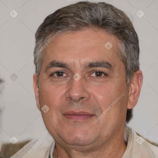 Neutral white middle-aged male with short  brown hair and brown eyes