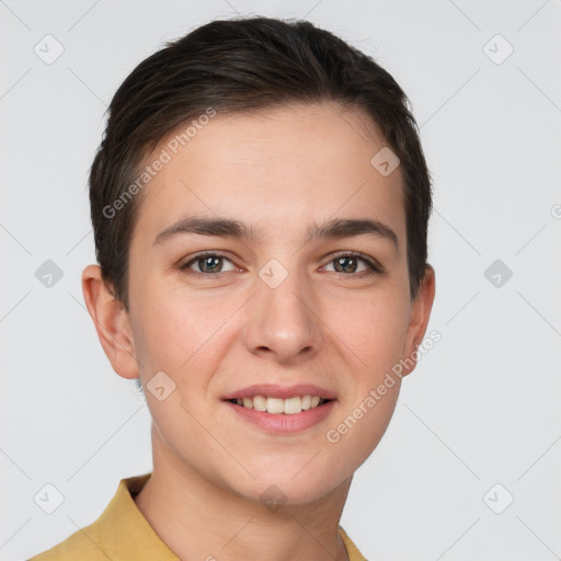 Joyful white young-adult female with short  brown hair and brown eyes