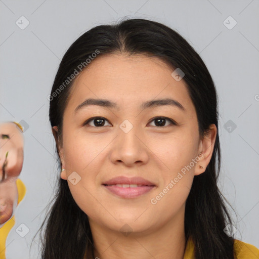 Joyful asian young-adult female with medium  brown hair and brown eyes