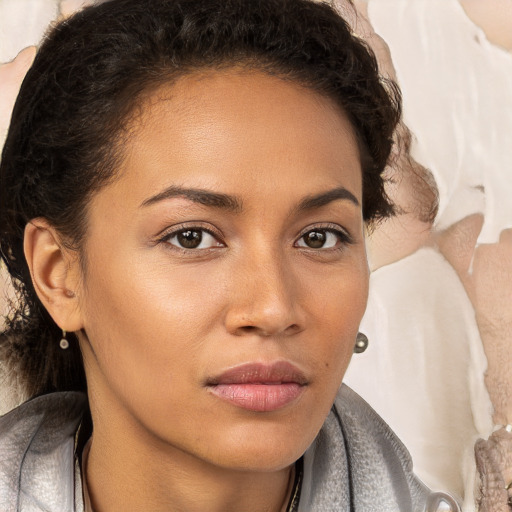 Neutral white young-adult female with medium  brown hair and brown eyes