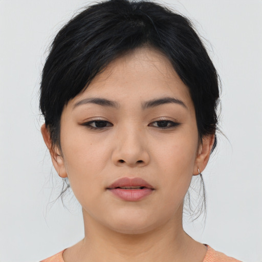 Neutral asian young-adult female with medium  black hair and brown eyes
