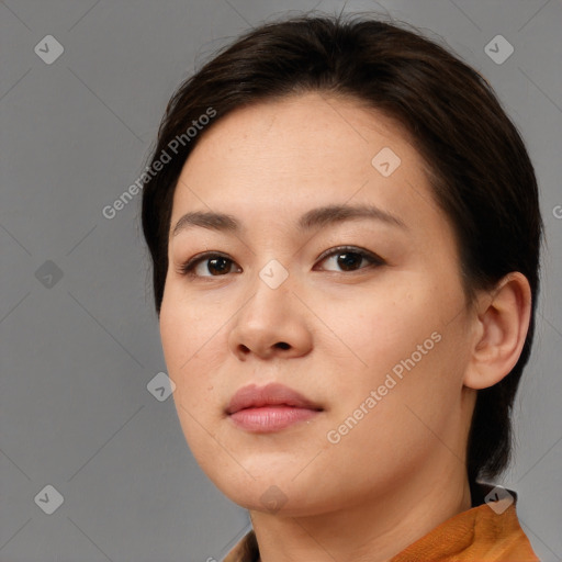 Neutral white young-adult female with medium  brown hair and brown eyes