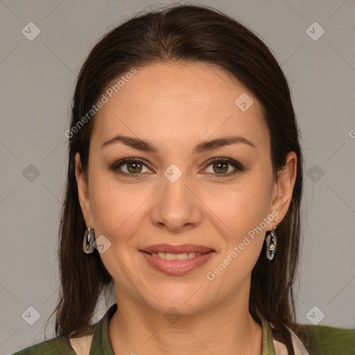 Joyful white young-adult female with medium  brown hair and brown eyes