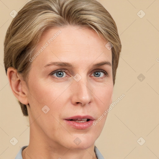 Neutral white adult female with short  brown hair and grey eyes