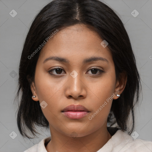 Neutral asian young-adult female with medium  brown hair and brown eyes