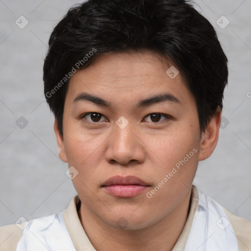 Neutral asian young-adult female with short  brown hair and brown eyes