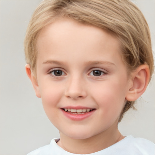 Joyful white child female with short  brown hair and brown eyes