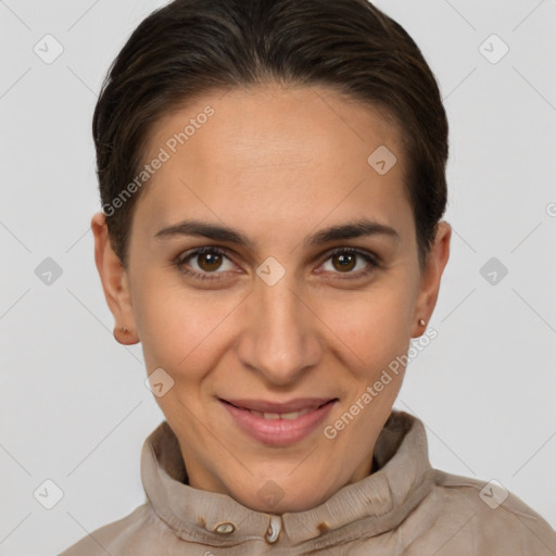 Joyful white young-adult female with short  brown hair and brown eyes